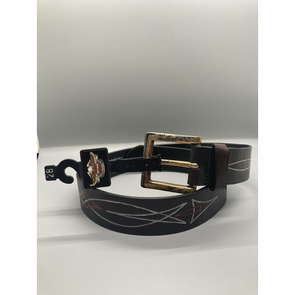 Vintage Harley Davidson Leather Belt 28 black Flame Pinstripe Y2K buckle